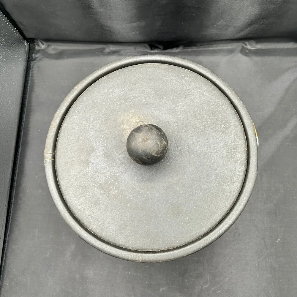 Vintage MCM Black Ice Bucket Brass Handle Gold Coin Emblem Mid Century Modern
